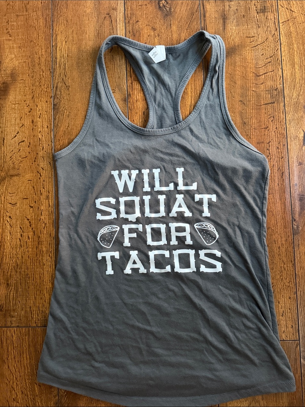 Women's Gray Racerback Tank Top with 'Will Squat For Tacos' Graphic